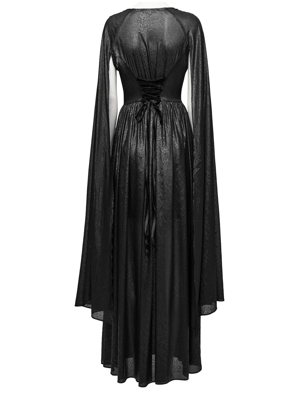 Back view of an elegant black chiffon dress with long cape sleeves and adjustable waist detail.