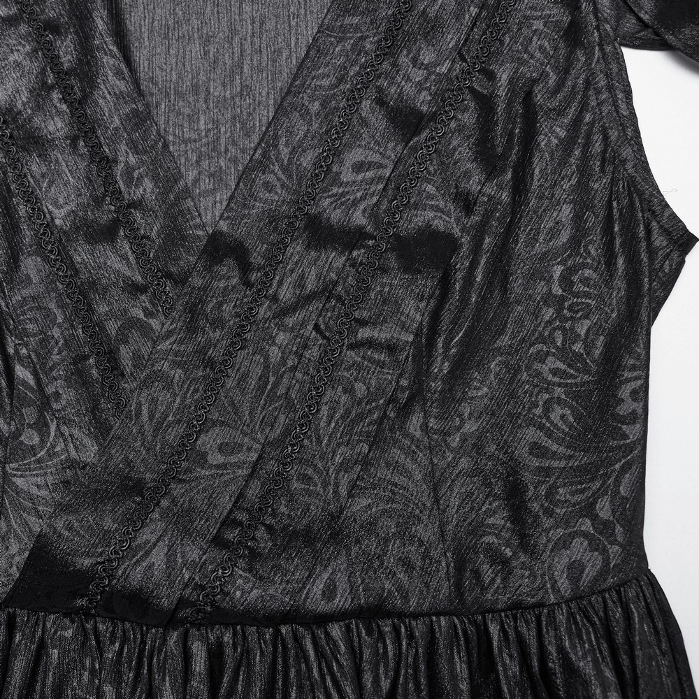 Elegant black chiffon dress featuring a large V-neck and intricate textured pattern, perfect for a gothic-inspired style.
