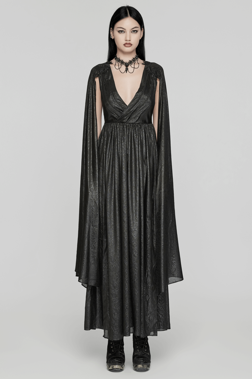 Elegant Gothic V-Neck black chiffon dress with cape sleeves, perfect for adding drama to any outfit.