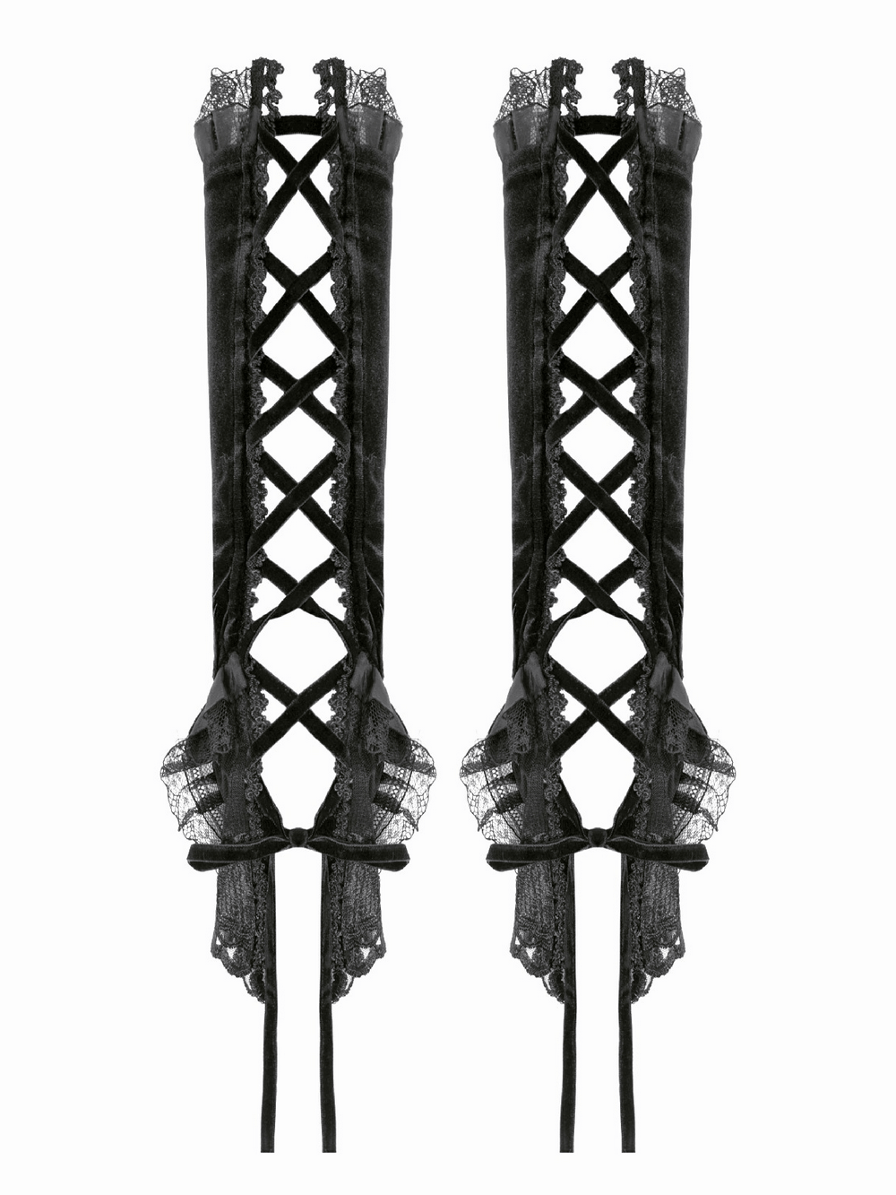 Elegant Velvet Arm Warmers with Lace and Floral Details featuring lace trim and ribbon detailing for gothic fashion.