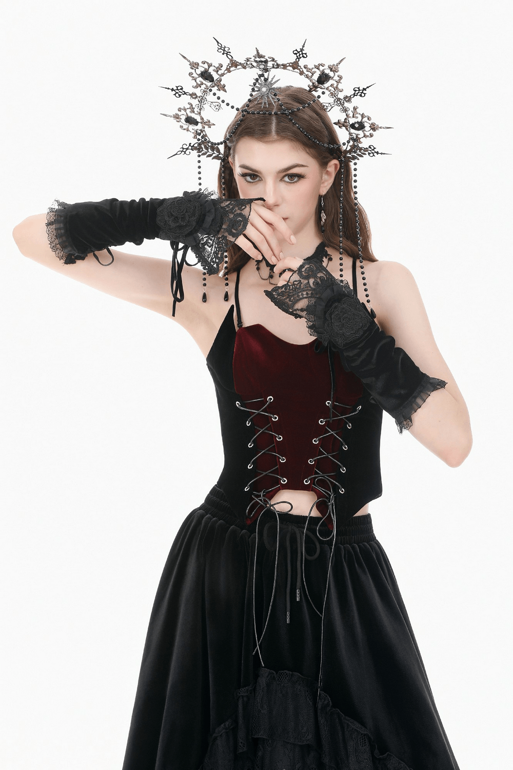 Elegant Velvet Arm Warmers with Lace and Floral Details worn by a model featuring gothic fashion styling.