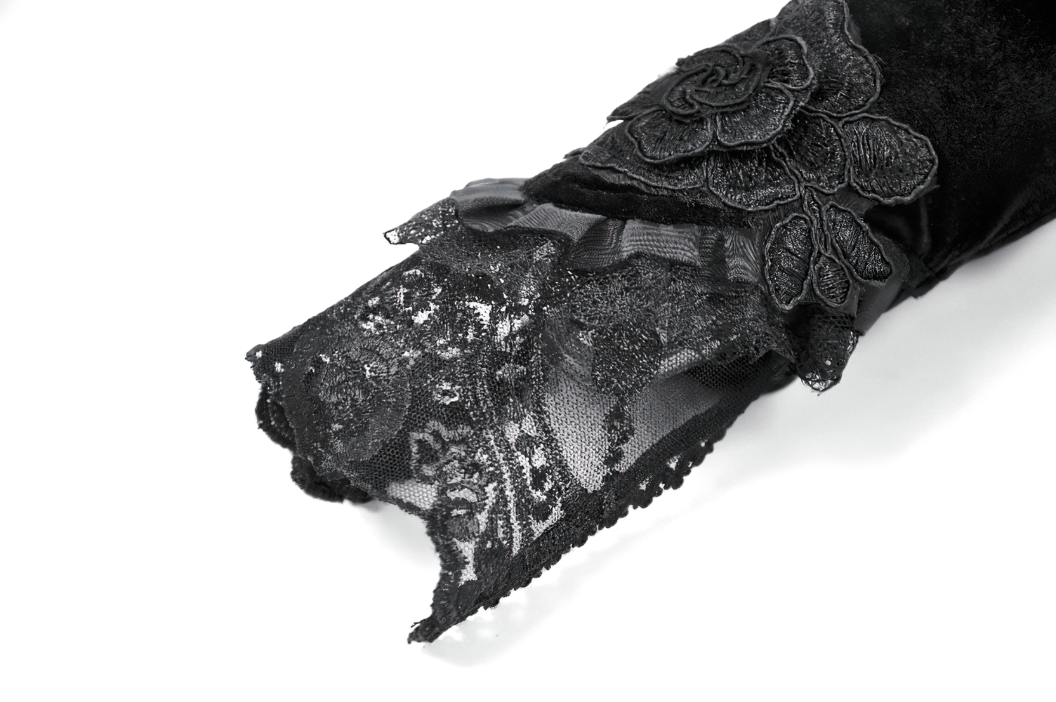 Elegant Velvet Arm Warmers with Lace and Floral Details showcasing delicate lace trim and floral embroidery.