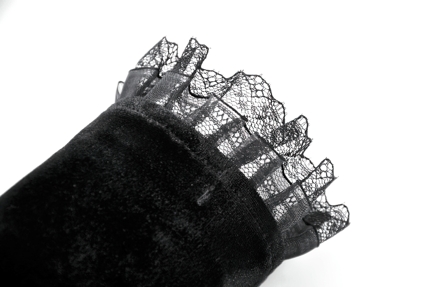 Elegant Velvet Arm Warmers with Lace and Floral Details showcasing luxurious black velvet and intricate lace trim.