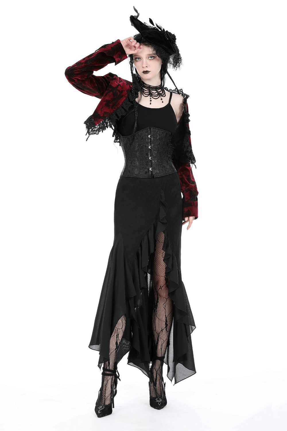 Elegant Velvet Bolero with Black Lace Detailing