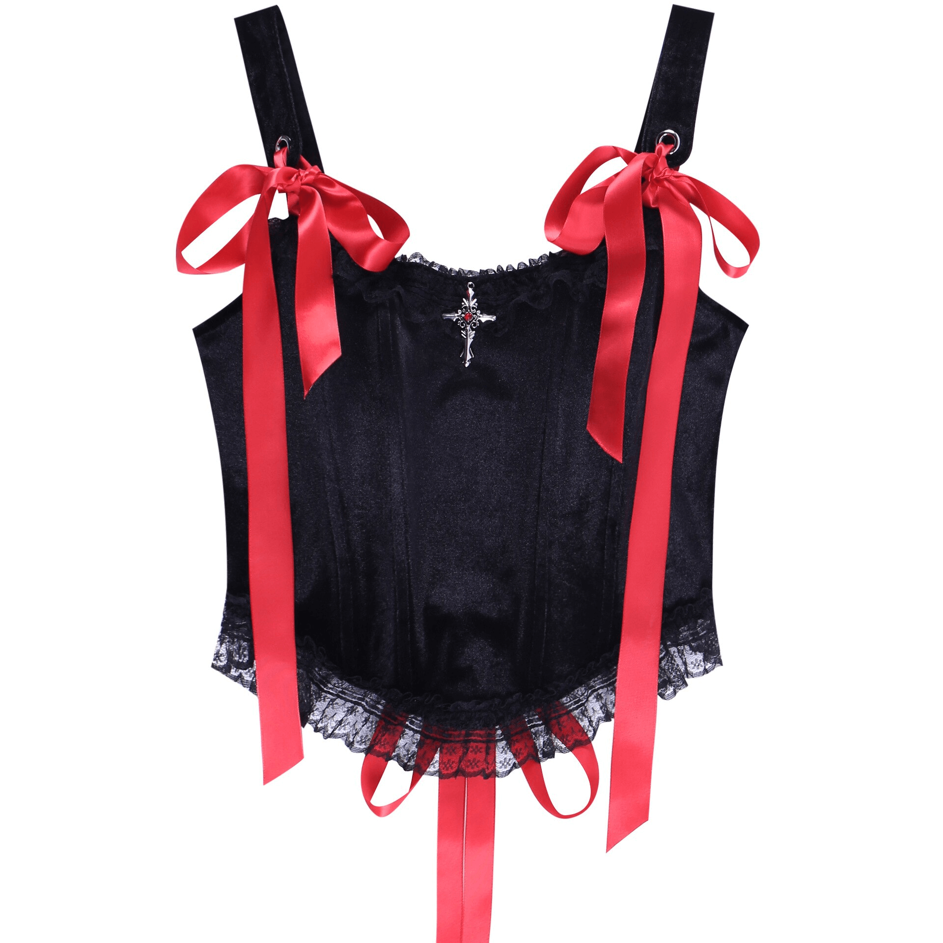 Elegant Velvet Camis With Red Ribbons / Goth Women's Lace Tops with Lacing Back - HARD'N'HEAVY