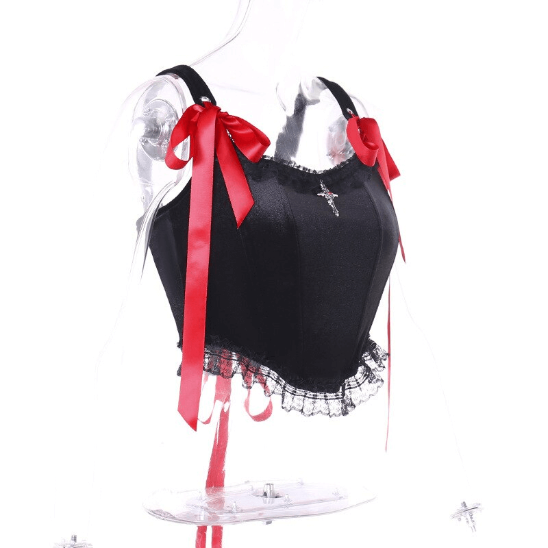 Elegant Velvet Camis With Red Ribbons / Goth Women's Lace Tops with Lacing Back - HARD'N'HEAVY