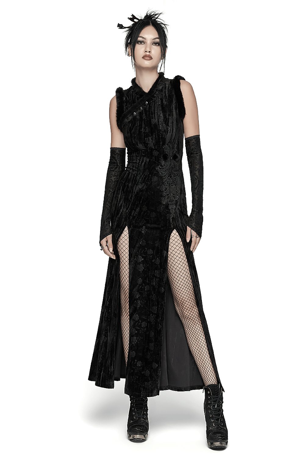 Elegant Gothic velvet dress with slanted collar, appliques, and sexy slit hem in black.