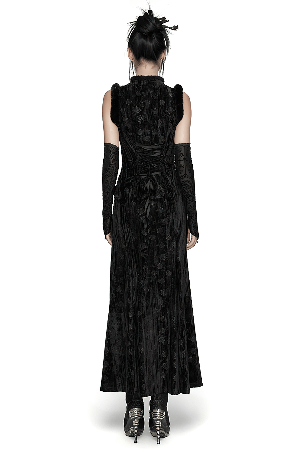 Elegant velvet dress with slanted collar and fur accents, showcasing a sophisticated Gothic style.