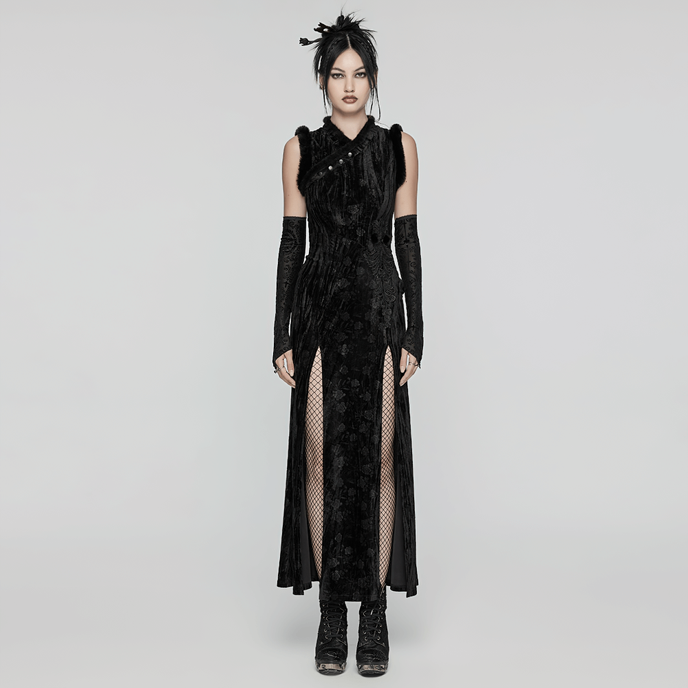 Elegant Goth velvet dress with slanted collar, fur accents, and stylish slits.