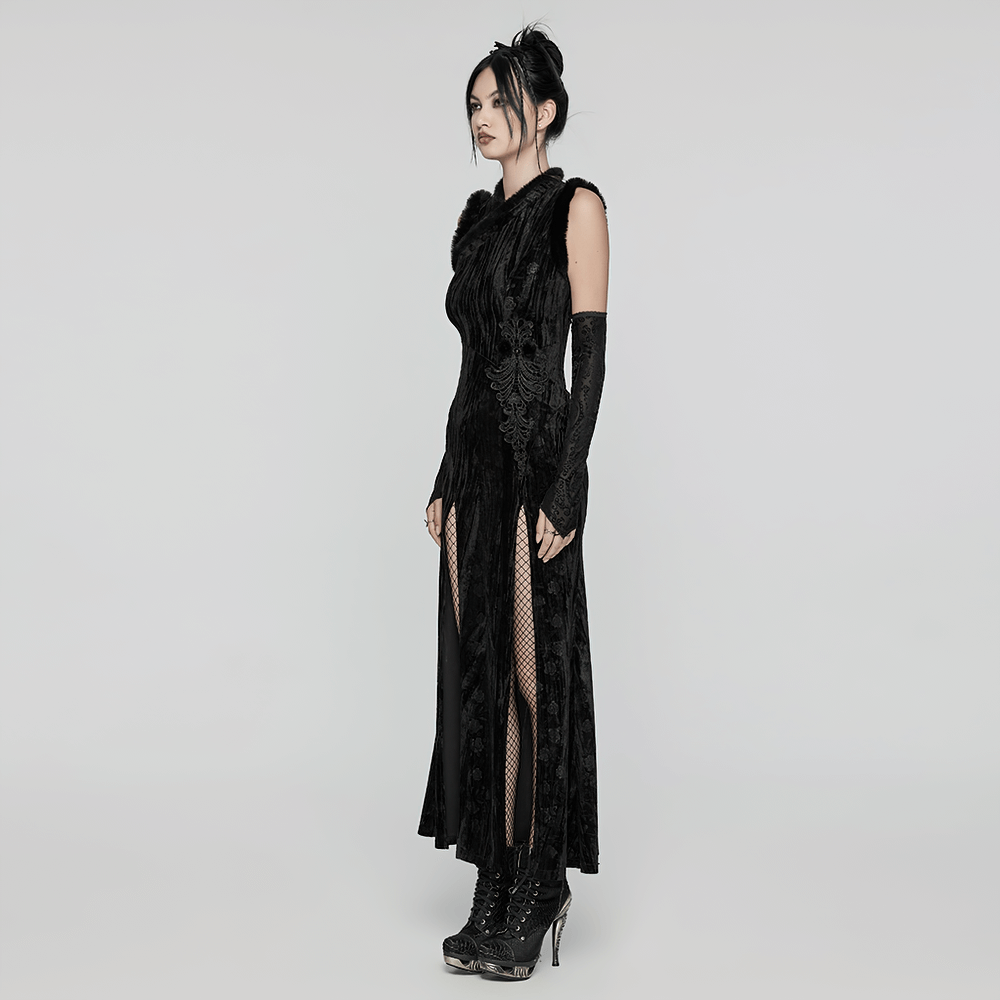 Elegant black velvet gown featuring slanted collar, fur accents, and stylish slit hem for a gothic look.