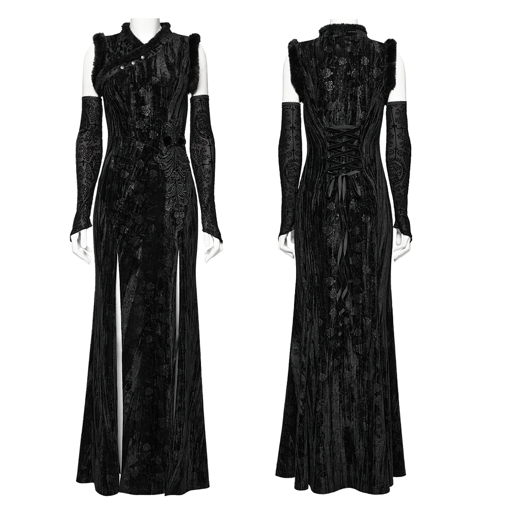 Elegant Gothic velvet dress with slanted collar, appliques, and fur accents showcasing a sexy silhouette.