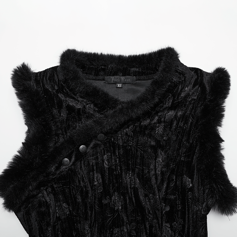 Elegant black velvet dress with slanted collar, fur accents, and engraved snap buttons in Chinese goth style.
