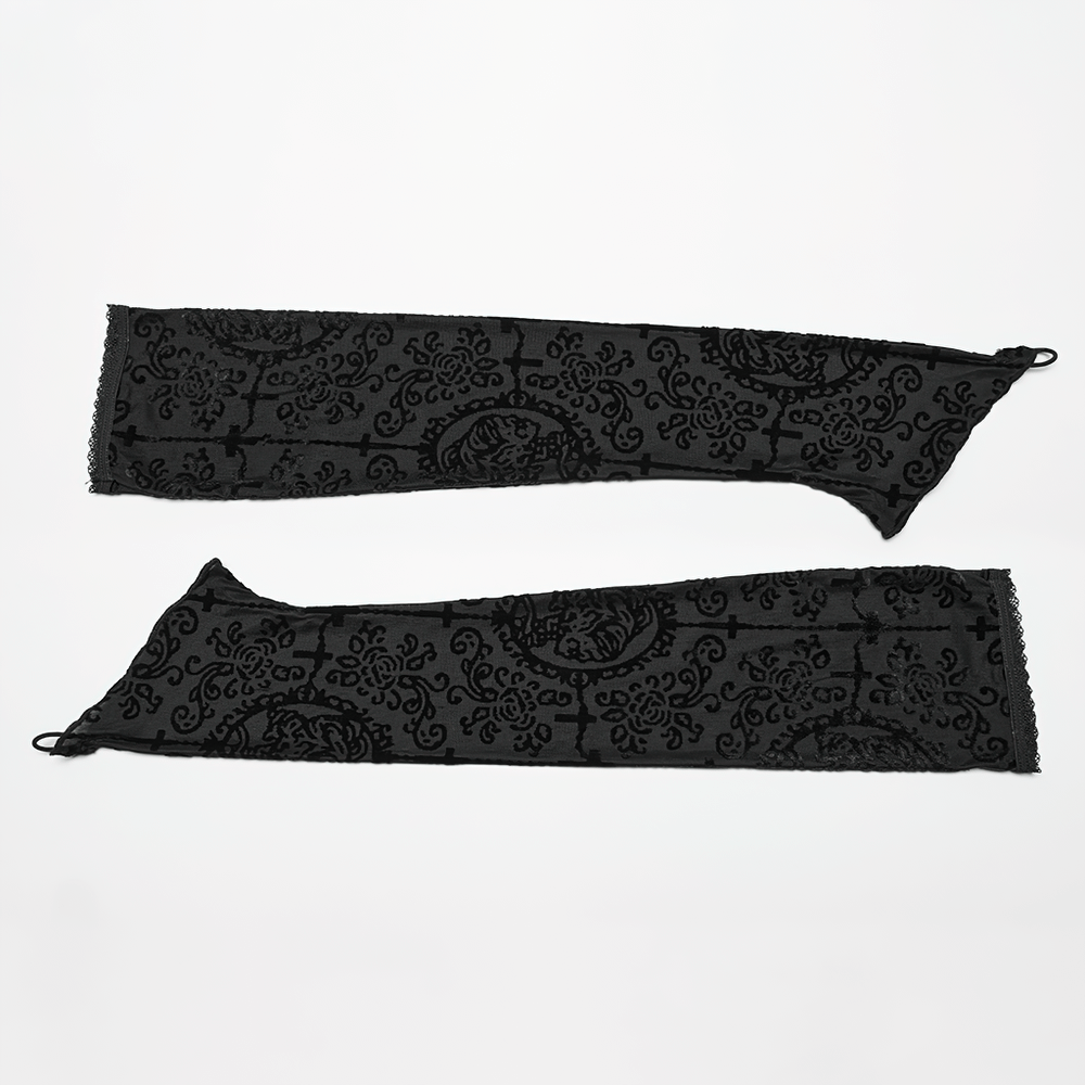 Elegant black velvet arm warmers with intricate embossed patterns, perfect for gothic and vintage styles.