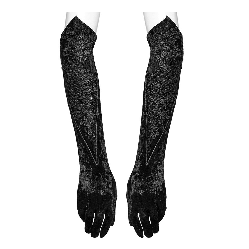 Elegant velvet embroidered arm gloves for women with floral designs, perfect for gothic and alternative fashion styles.