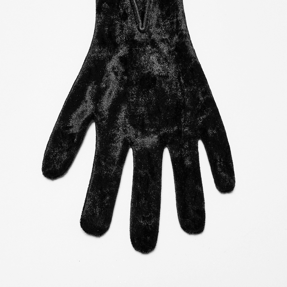 Elegant black velvet embroidered arm glove for women, featuring a sleek design and intricate detailing.