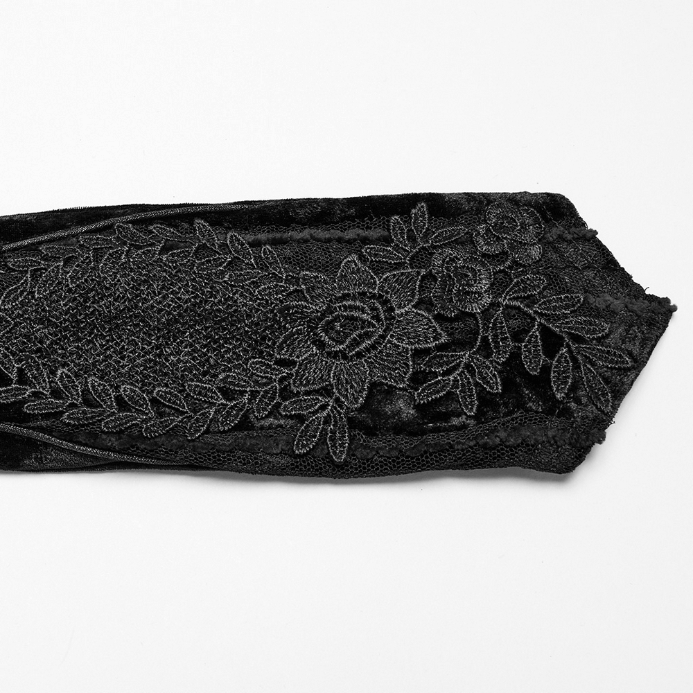 Elegant black velvet arm glove with intricate floral embroidery, perfect for goth and retro fashion styles.