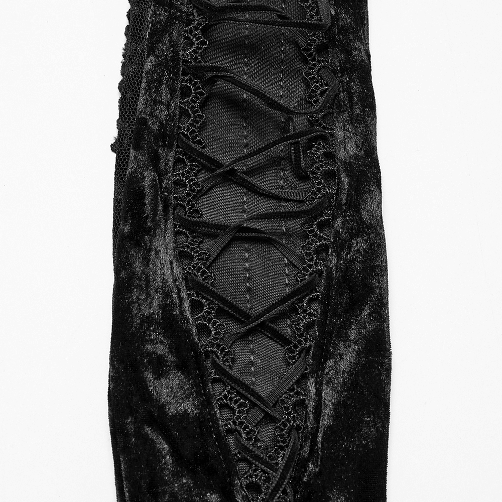 Elegant black velvet arm gloves featuring intricate lace detailing for a stylish Gothic look.