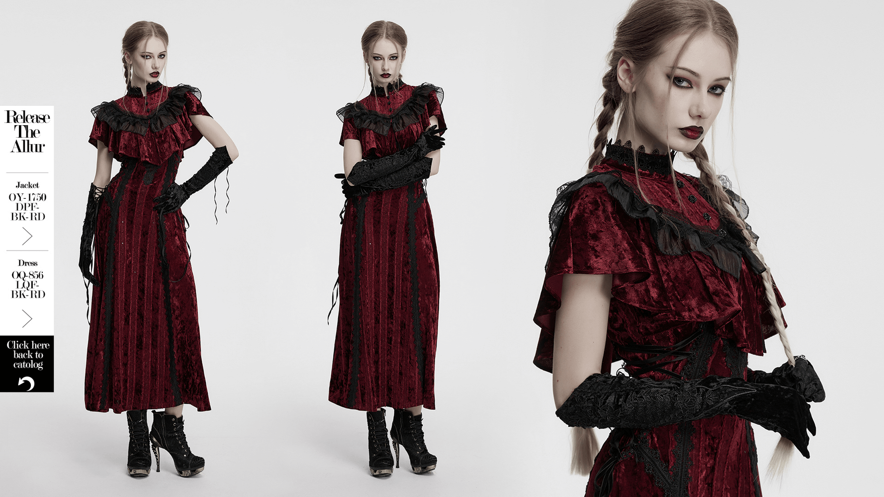 Elegant Gothic velvet dress with ruffles and embroidered arm gloves, showcasing a romantic alternative fashion style.
