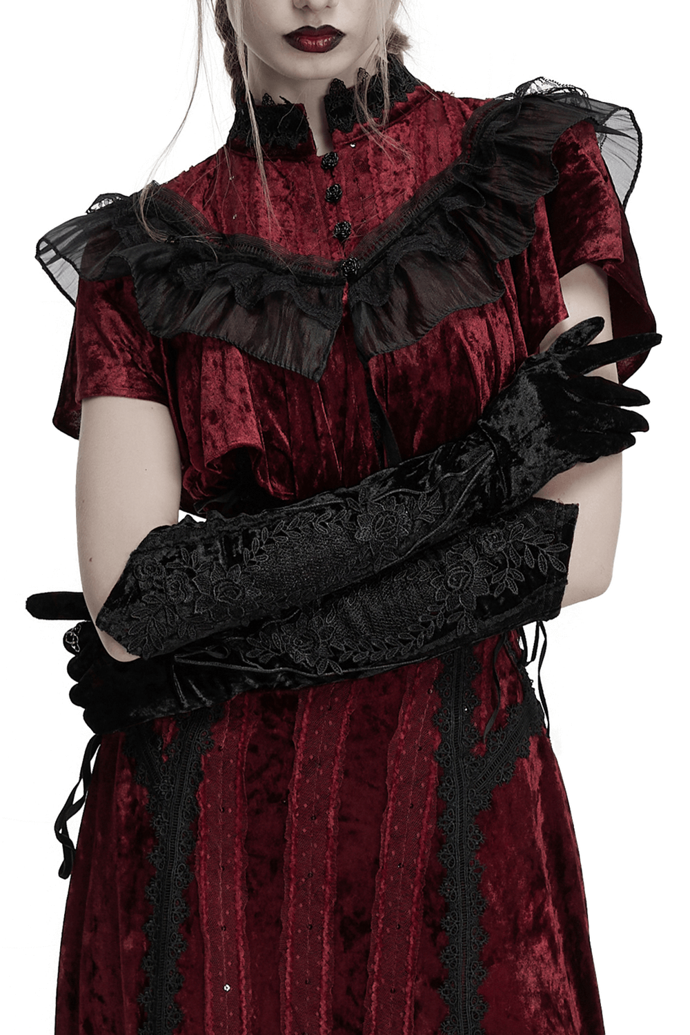 Elegant velvet embroidered arm gloves for women, enhancing Gothic style with exquisite floral details.