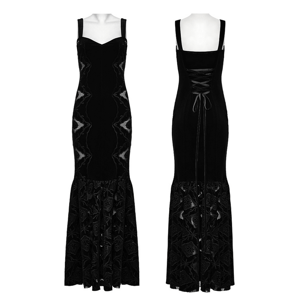 Elegant vintage gothic velvet embroidered slip dress with pleated hem and drawstring back.