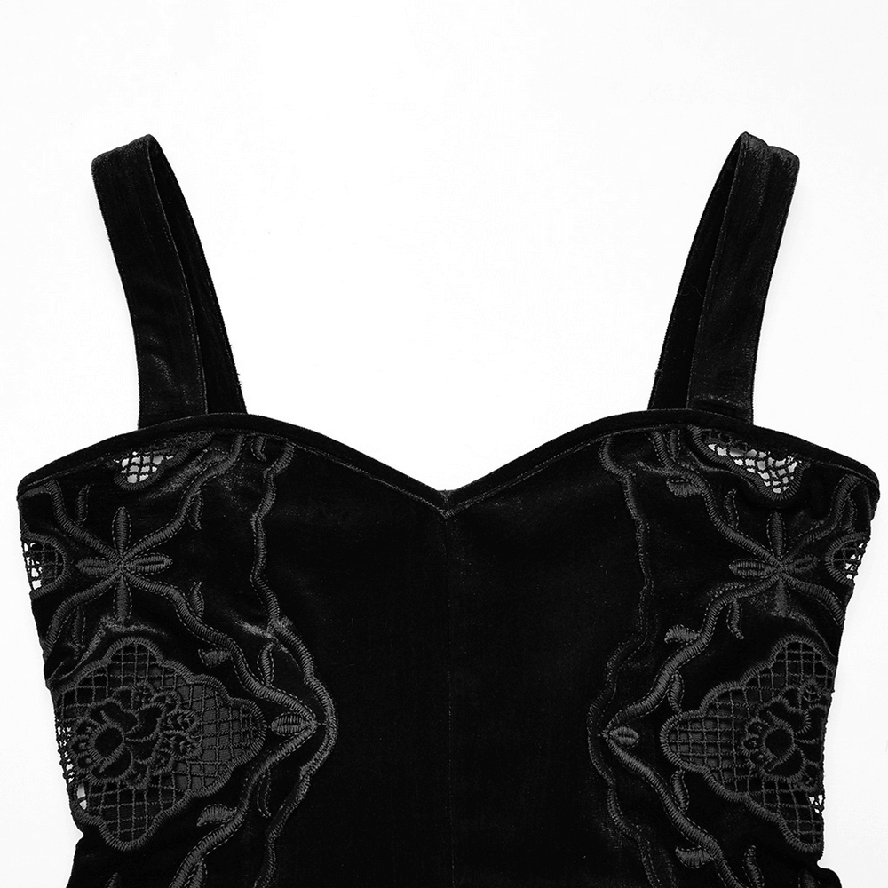 Elegant velvet embroidered dress showcasing intricate black embroidery and delicate straps for a vintage gothic look.