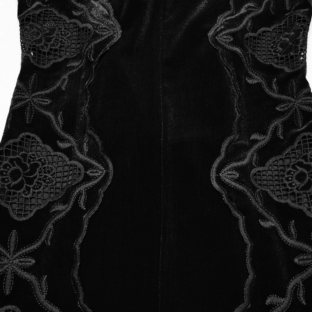 Elegant black velvet embroidered fabric showcasing intricate floral patterns with a vintage gothic style.