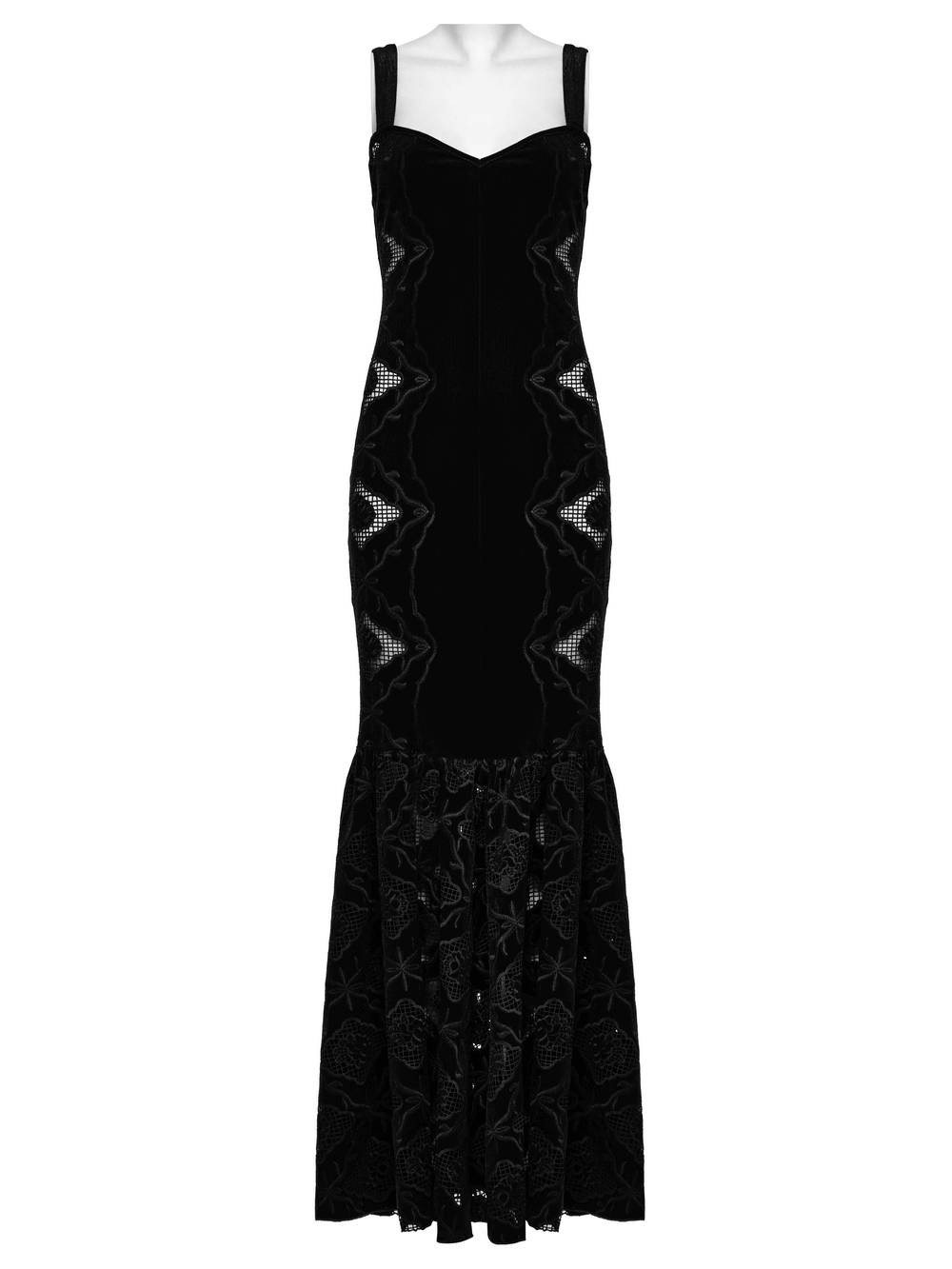 Elegant black velvet embroidered dress with pleated hem and sleek cutting showcasing shoulder and neckline details.