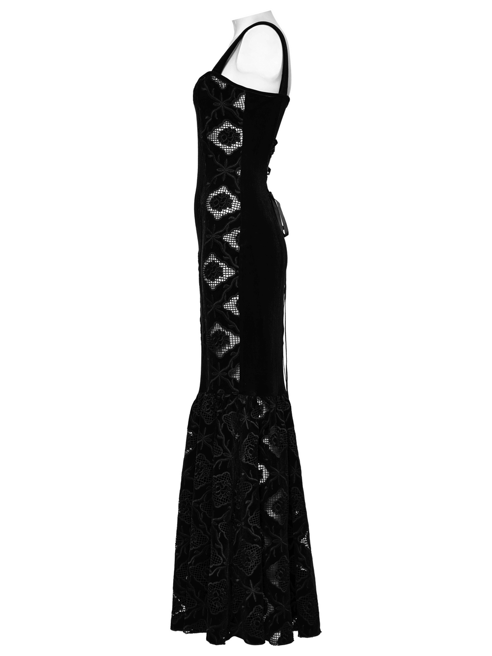 Elegant black velvet embroidered slip dress with pleated hem, showcasing gothic retro style and luxurious design.