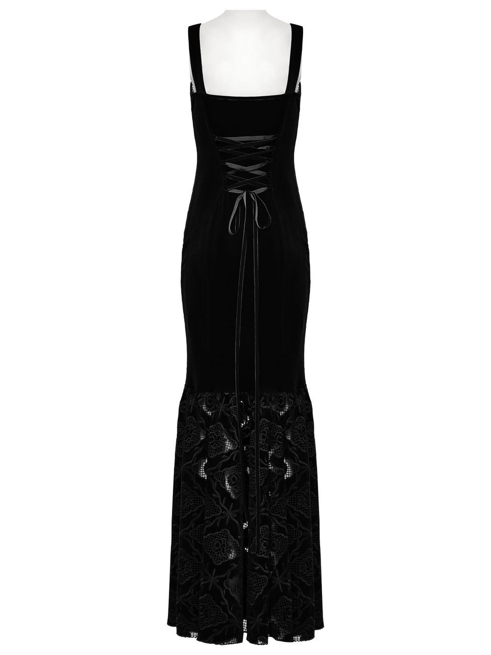 Back view of an elegant velvet embroidered dress with pleated hem and lace-up detail, showcasing its gothic design.
