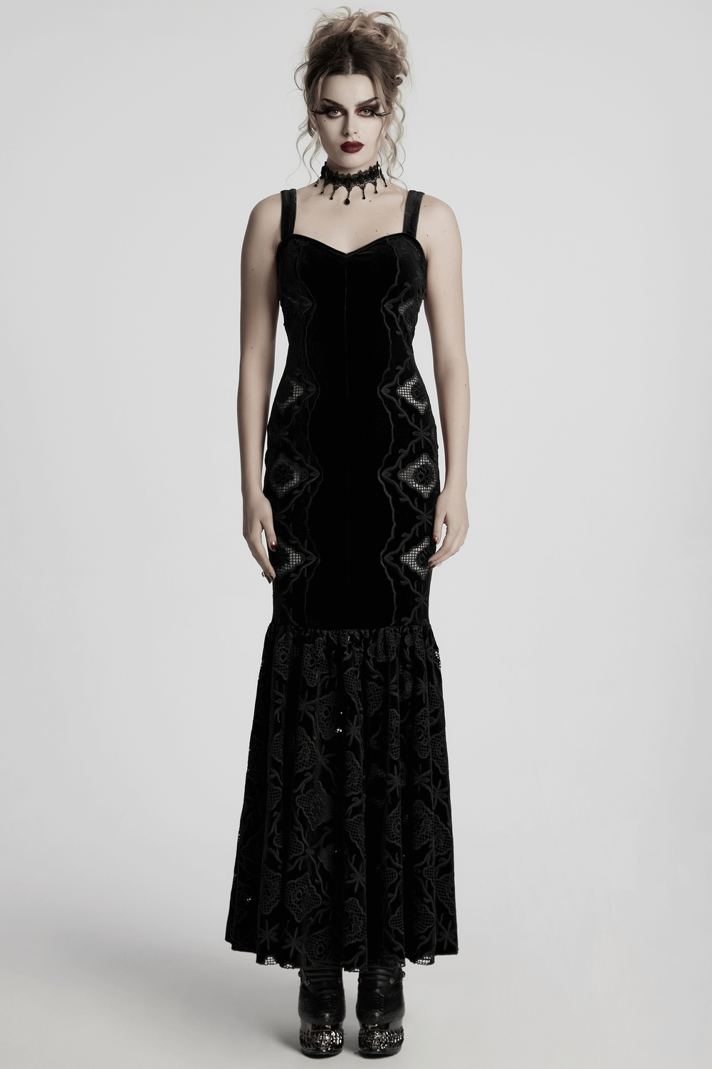 Elegant velvet embroidered slip dress with pleated hem, showcasing a gothic and vintage silhouette.