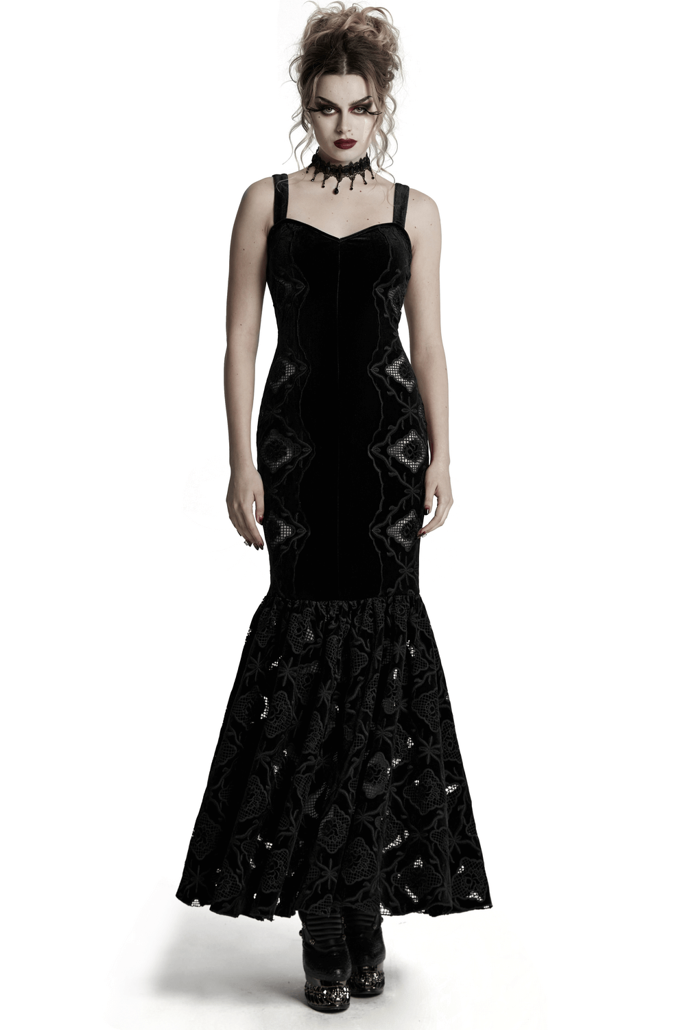 Elegant velvet embroidered dress with pleated hem, showcasing a gothic vintage style.