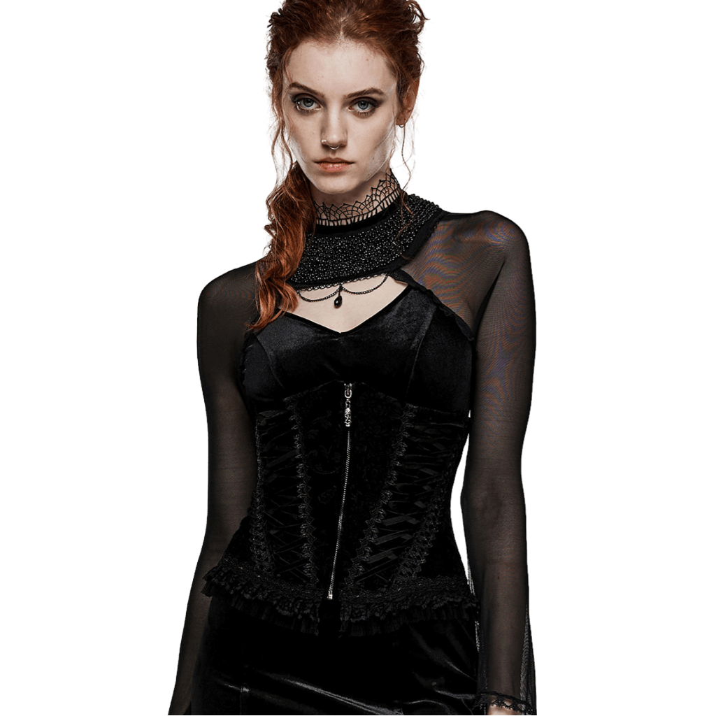 Elegant velvet goth corset with lace details, featuring a chic lace-up design and front zipper for effortless style.
