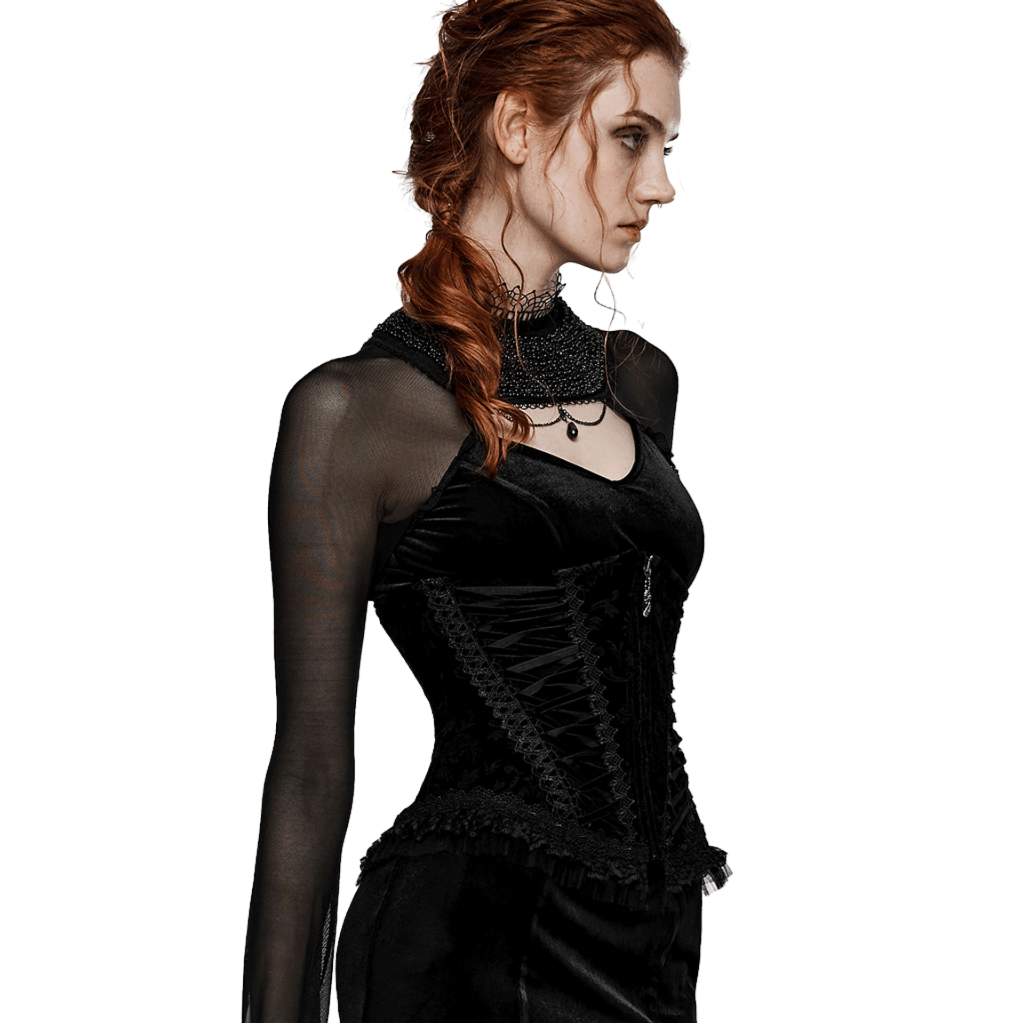 Elegant velvet goth corset with lace details, showcasing gothic style and delicate lace accents.