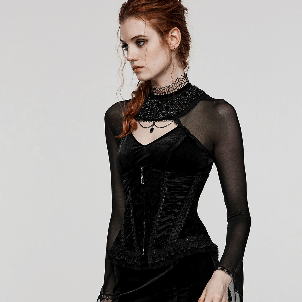 Chic velvet goth corset with lace details, featuring a front zipper and elegant lace drawstring accents.