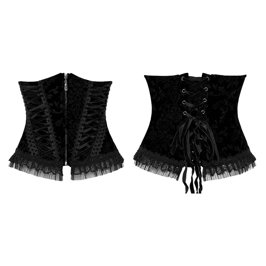 Elegant velvet goth corset with lace details and front zipper closure, perfect for a chic gothic-inspired outfit.