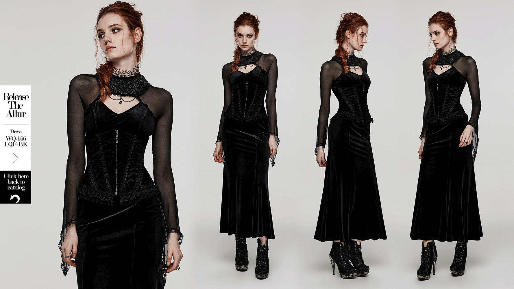 Elegant velvet goth corset with lace details and sheer sleeves, perfect for a chic gothic statement outfit.