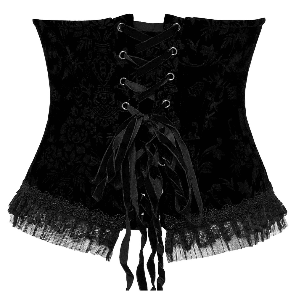 Elegant black velvet corset with lace details and a lace-up front, perfect for a chic gothic style.