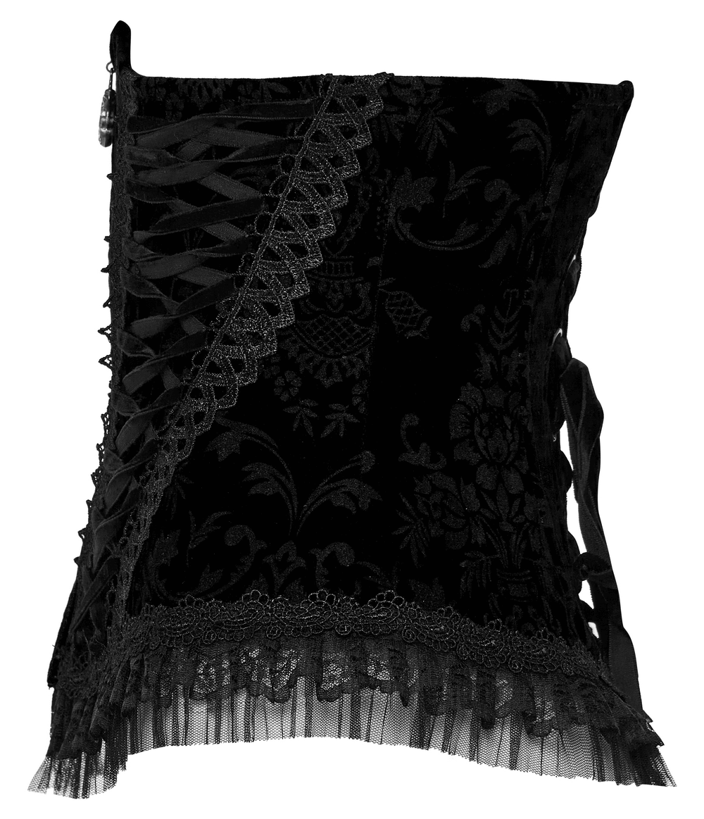 Elegant velvet goth corset featuring intricate lace details and front zipper for effortless wear.