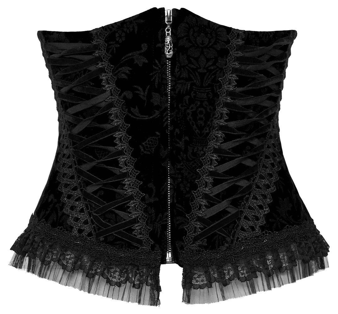 Elegant velvet goth corset featuring lace-up details and delicate hemming, perfect for stylish gothic allure.