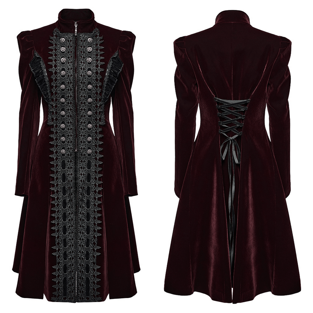 Elegant velvet Gothic coat featuring lace details and exquisite button accents, perfect for dark fashion styles.