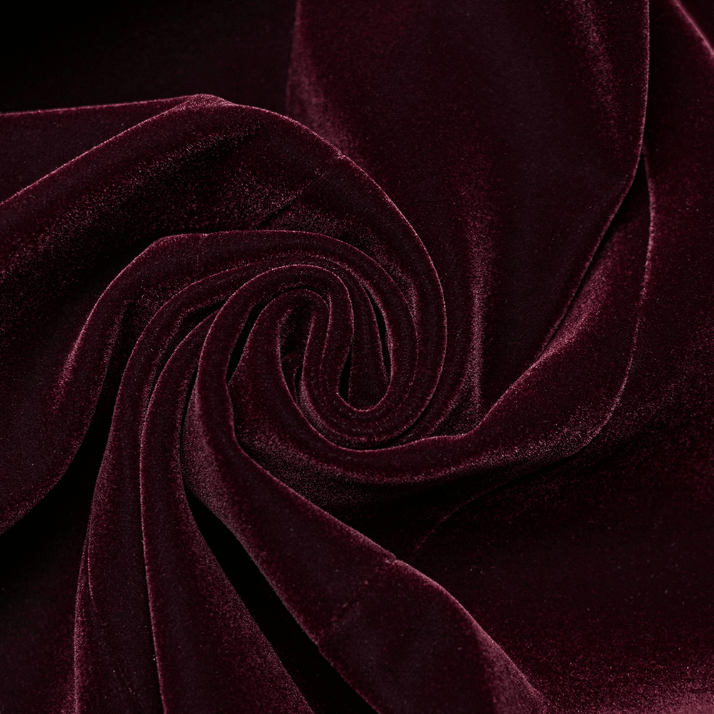 Luxurious deep burgundy velvet fabric showcasing a soft, smooth texture for elegant gothic apparel.