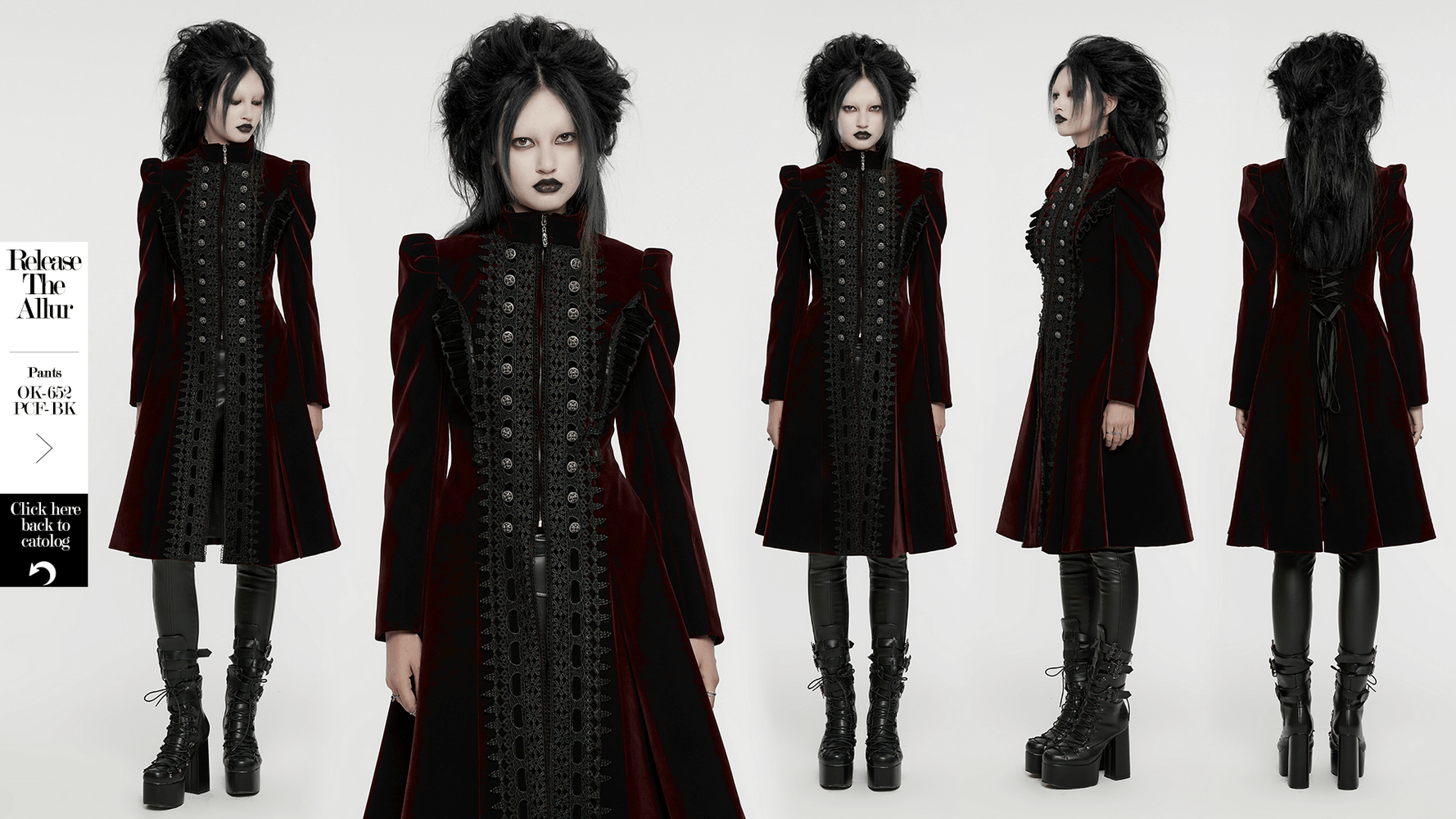 Elegant velvet Gothic coat with lace and ruffle details, showcasing exquisite button accents and dramatic A-line silhouette.