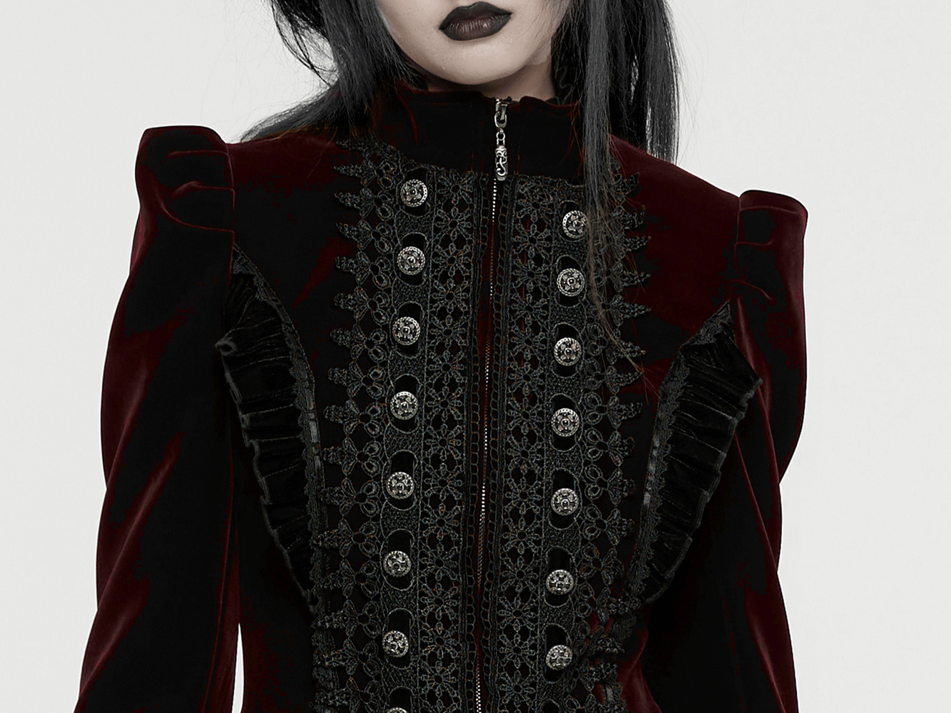 Elegant velvet Gothic coat featuring intricate lace and ruffle details with exquisite button accents.