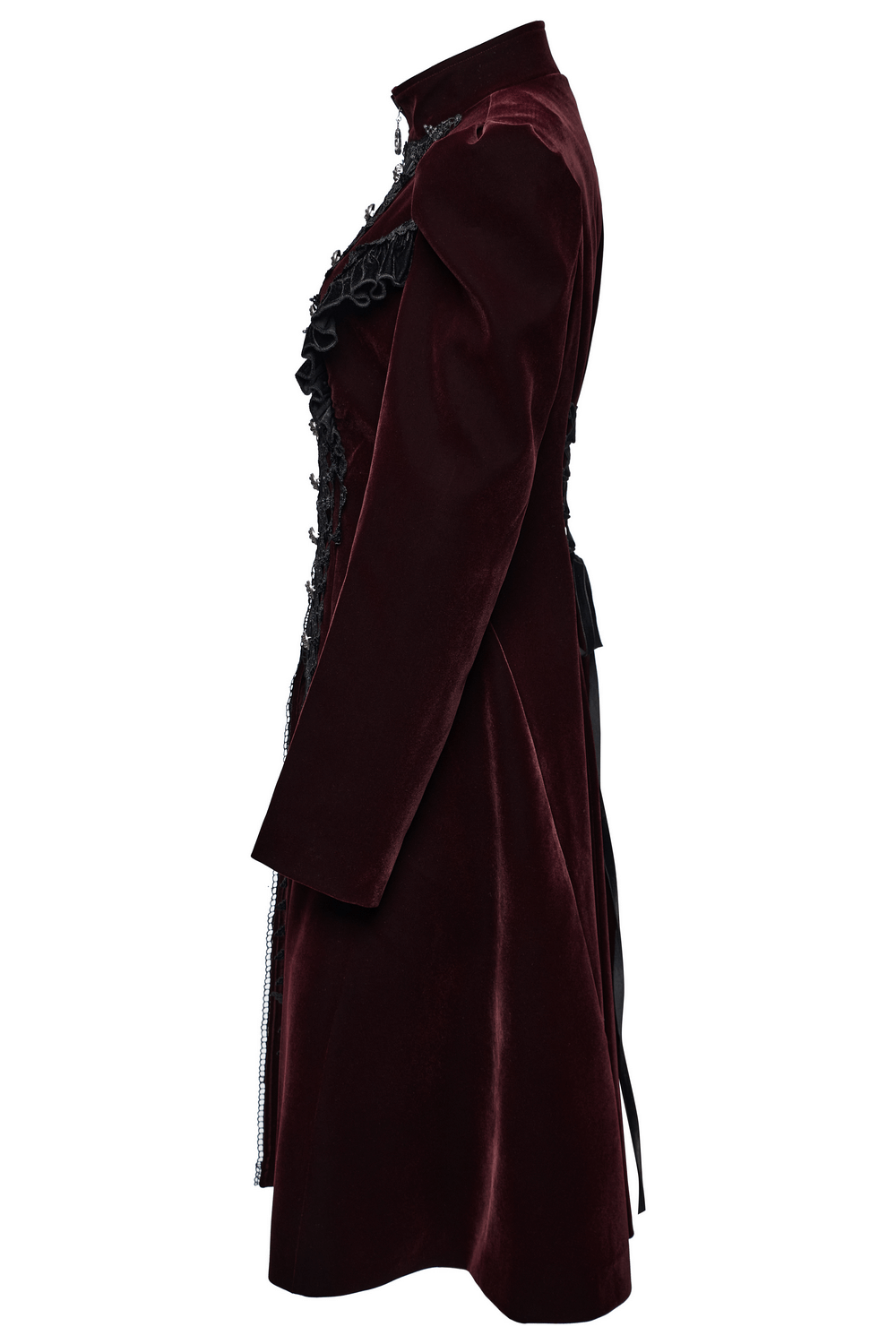 Elegant gothic velvet coat with lace embellishments and ruffled edges, showcasing a dramatic silhouette.