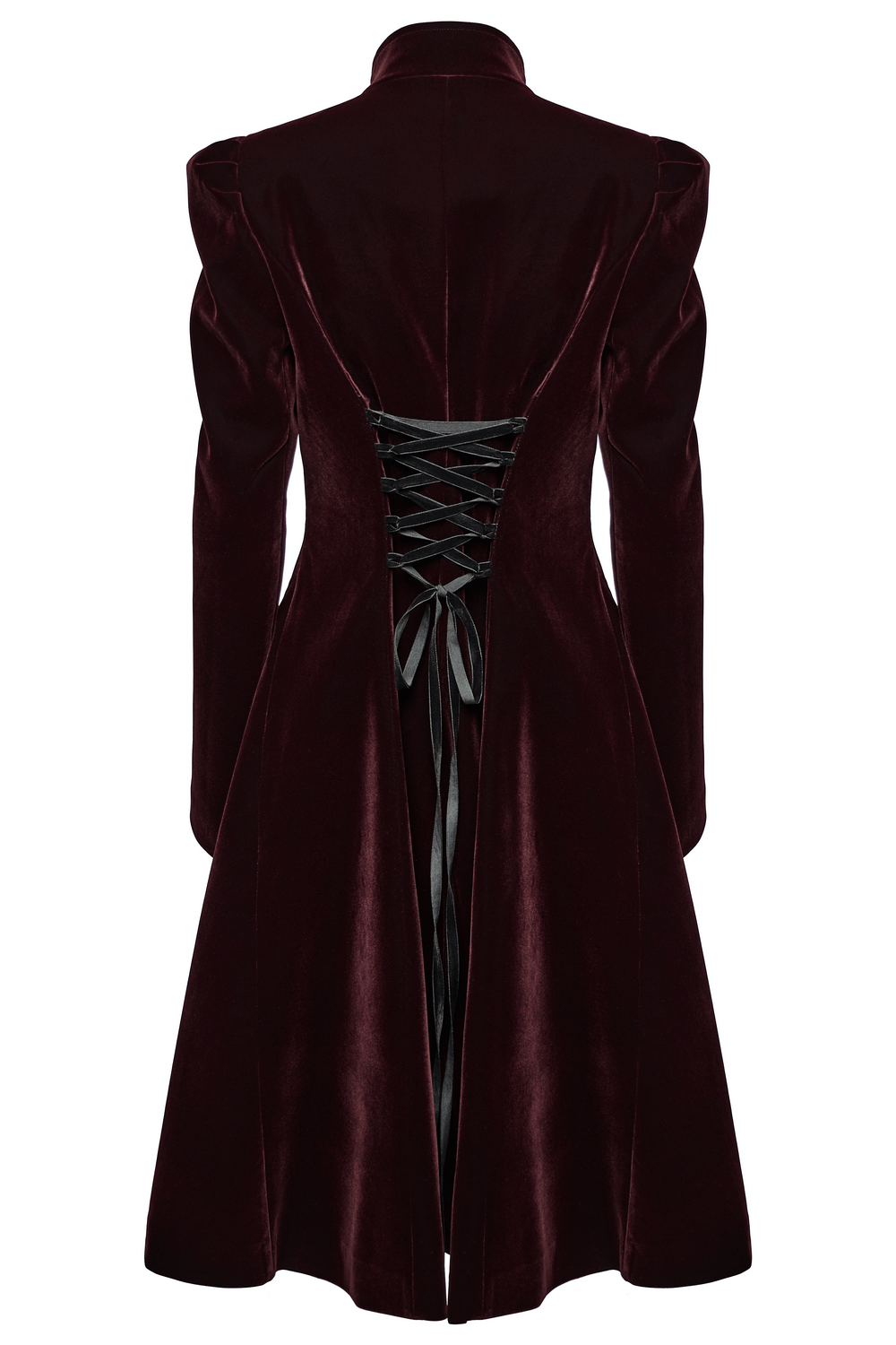 Elegant velvet Gothic coat with ruffle details and lace-up back design for dramatic dark aesthetics.