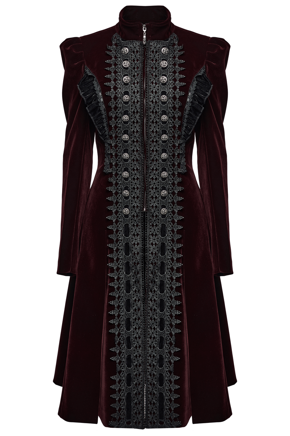 Elegant velvet gothic coat with lace, ruffles, and exquisite button details in deep burgundy.
