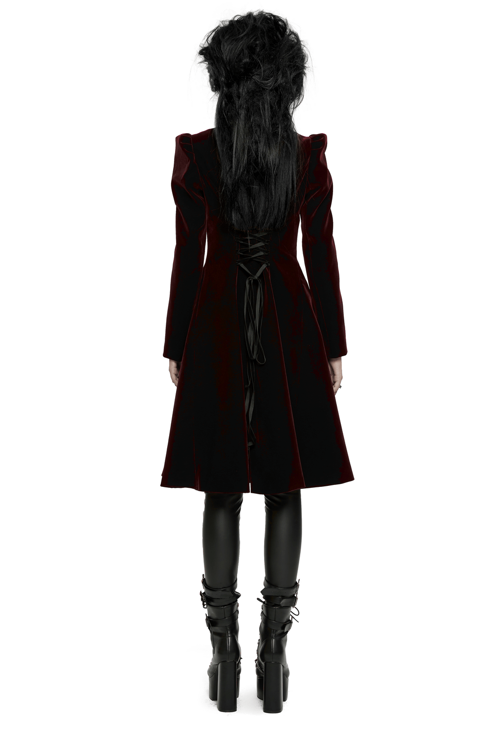 Back view of elegant velvet gothic coat with lace-up detail and dramatic A-line silhouette.