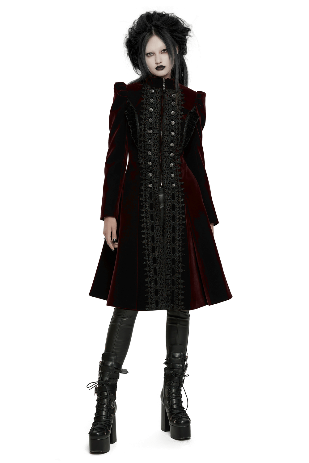 Elegant Gothic velvet coat with lace and ruffle details, featuring striking button accents and a dramatic A-line silhouette.