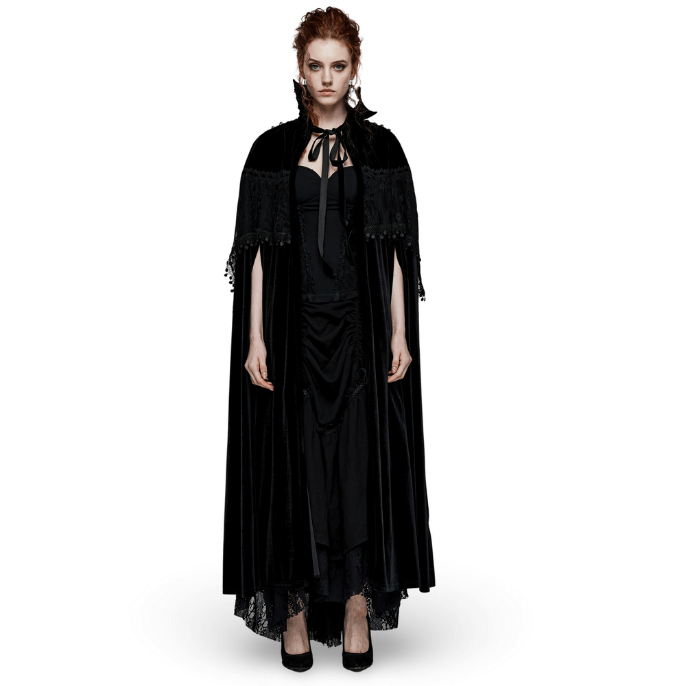 Elegant velvet gothic cloak with lace details, perfect for dark elegance and mysterious allure.