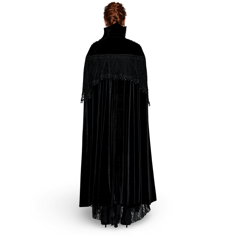 Elegant black velvet gothic cloak with lace details, showcasing a bat neck and intricate spikes on the collar.